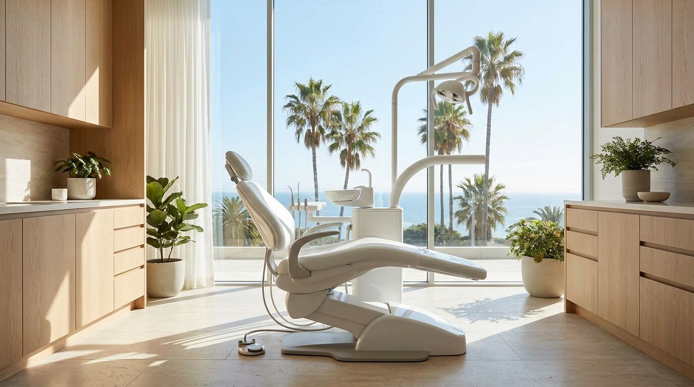 Modern dental treatment room with palm trees outside the window